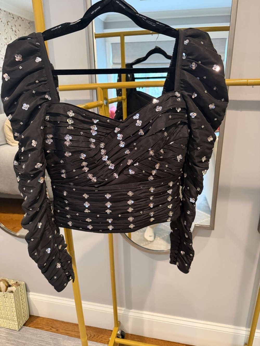 Self-Portrait Black Sequin Puff-Sleeve Cropped Blouse